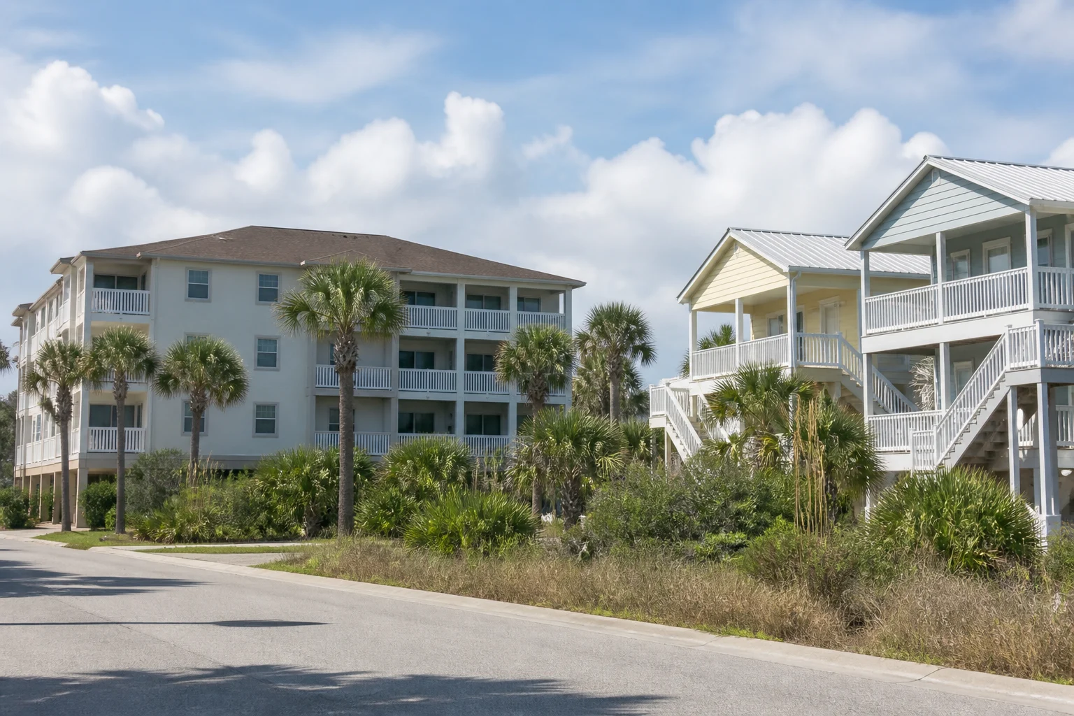 Coastal Florida neighborhood with modest stucco homes and palms under a calm blue sky