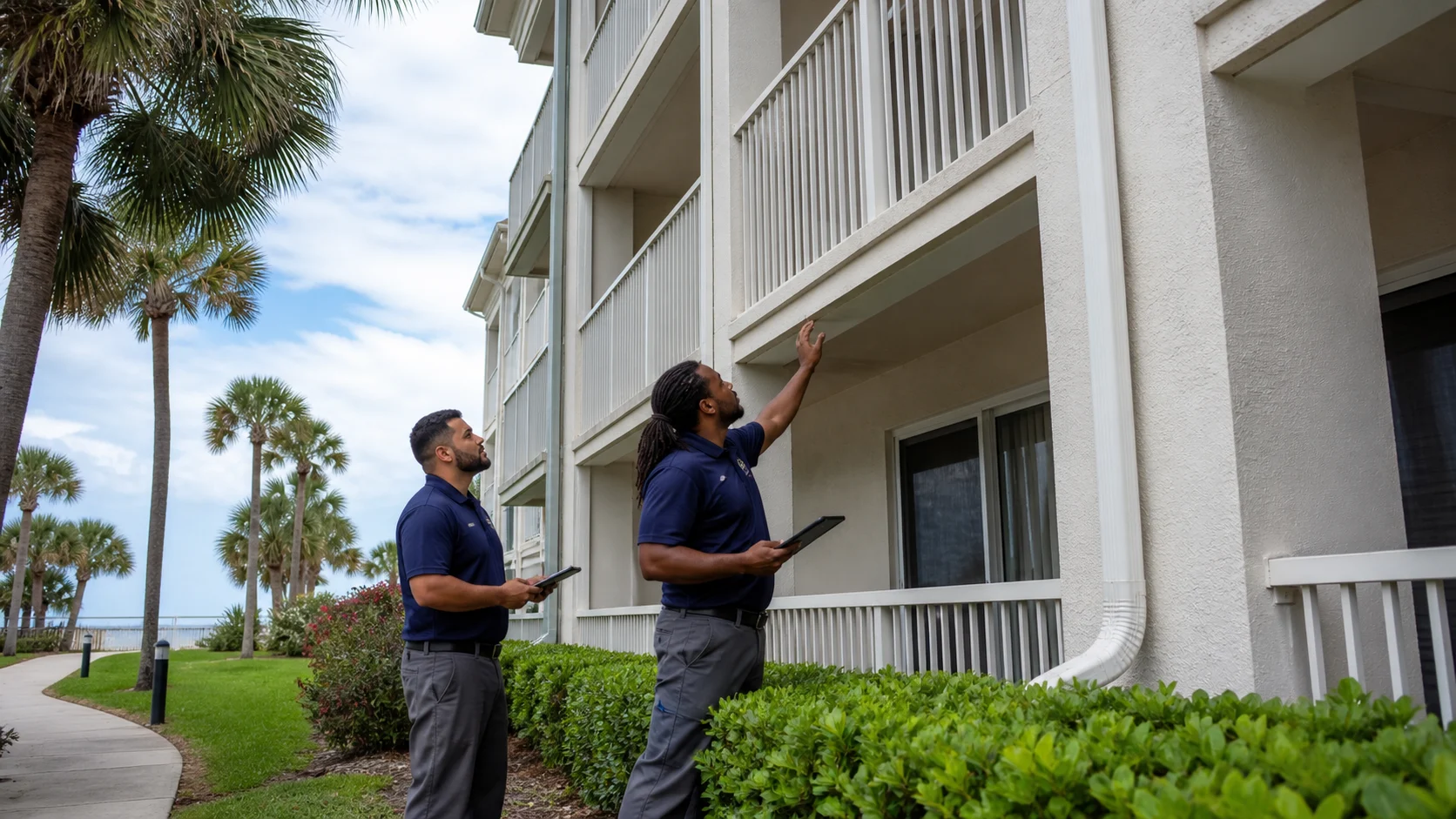 Florida homeowners walking the exterior of a modest coastal home