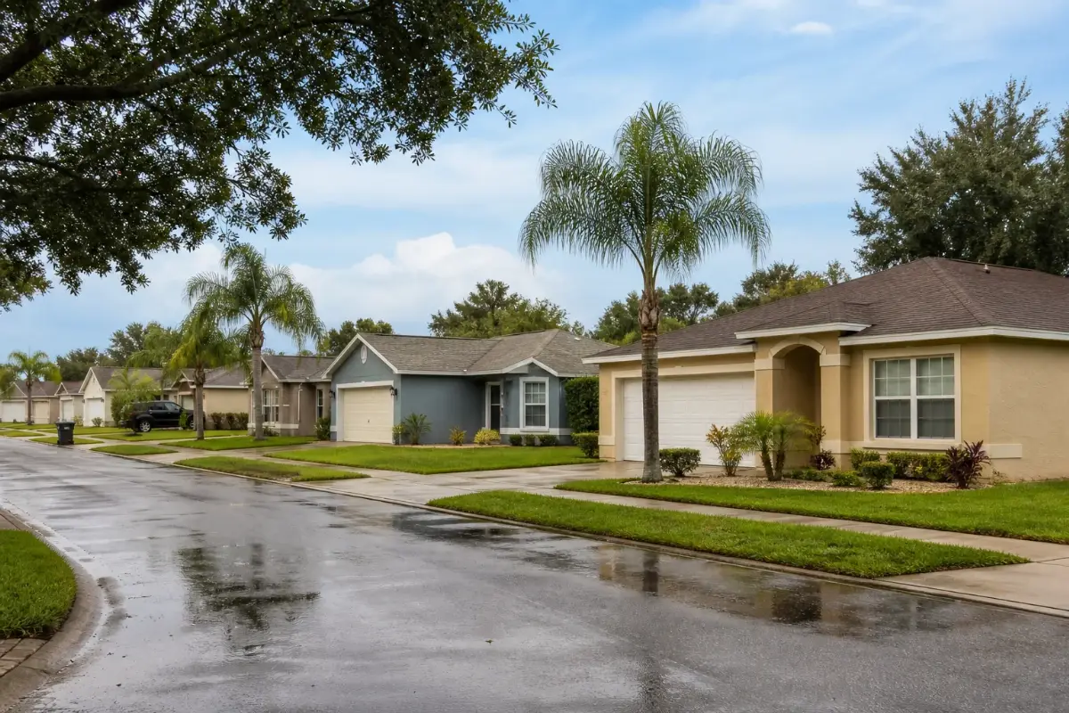 Everyday Florida homes with mature palms and practical pitched roofs