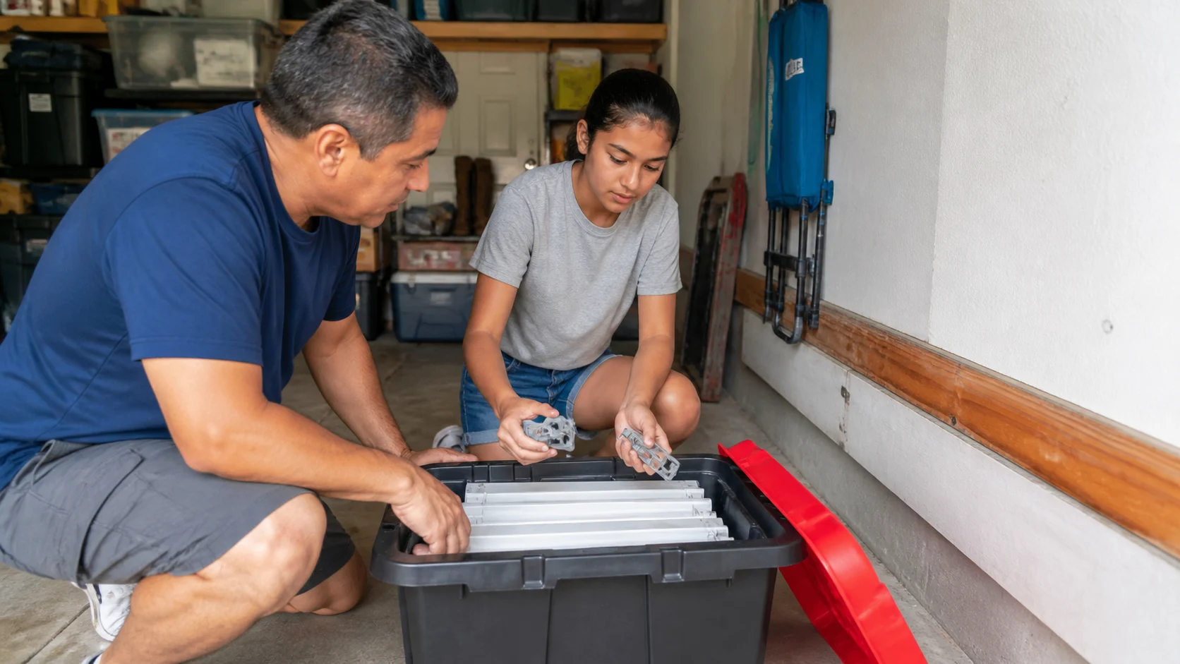 A diverse Florida couple reviewing exterior home-maintenance details