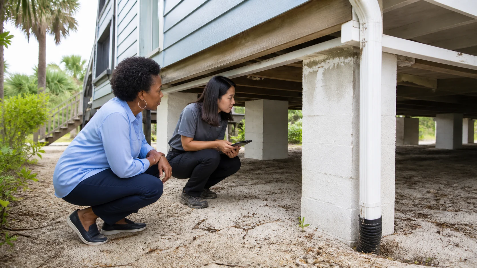 Homeowners safely checking windows and shutters at a Florida residence
