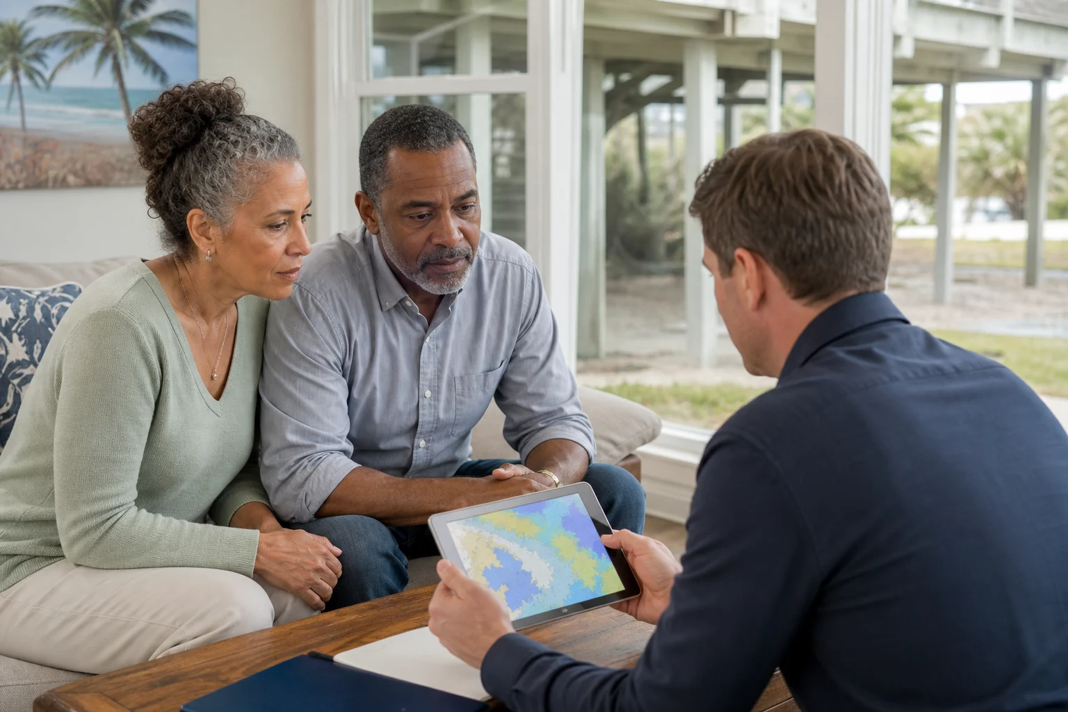 Florida homeowner and advisor reviewing flood-risk information indoors.