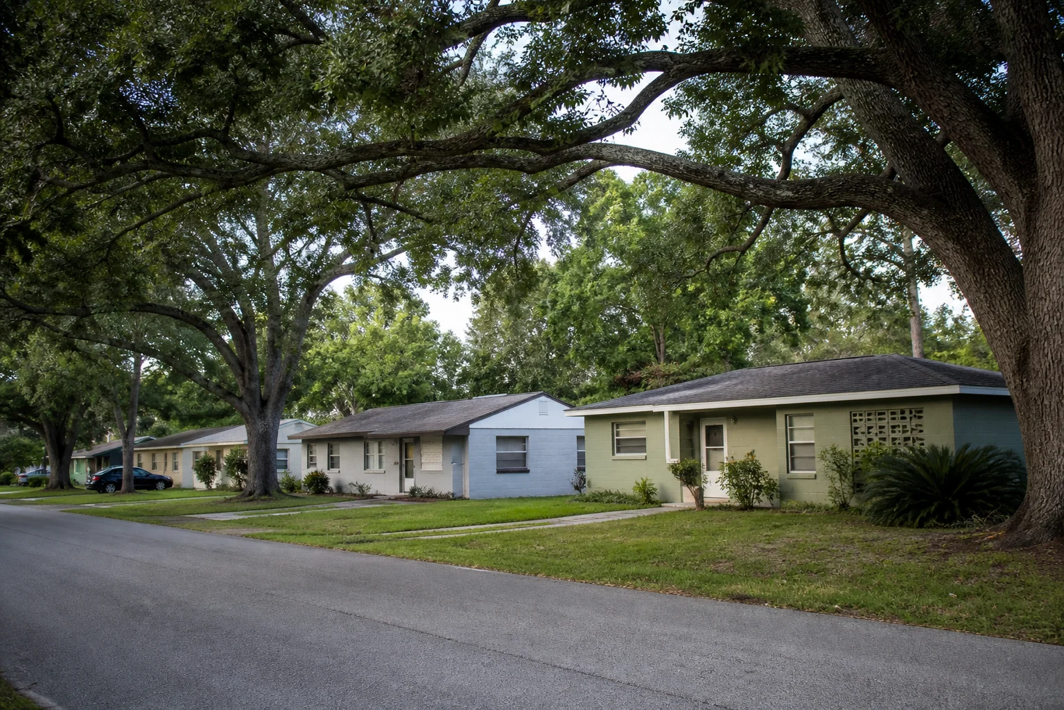 Everyday Florida homes with practical pitched roofs and mature landscaping