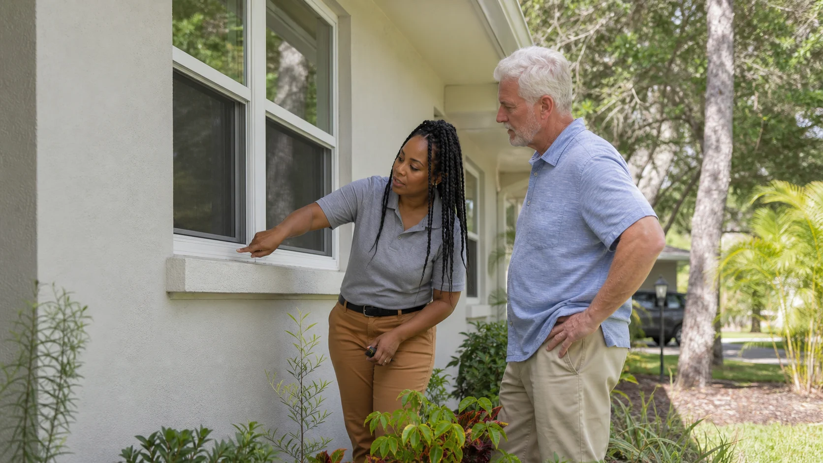 Homeowners safely inspecting drainage beside a Florida home