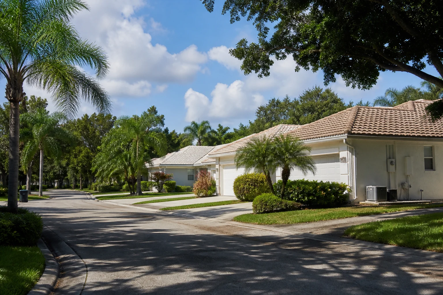 Everyday Florida homes with practical pitched roofs and mature landscaping