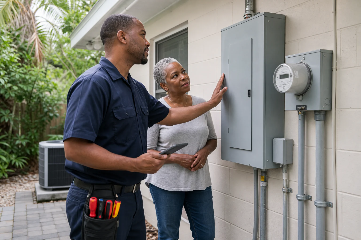 Licensed electrician and homeowner beside a closed exterior electrical service panel.