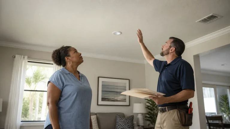 Homeowner and adjuster inspecting ceiling damage from a prior claim