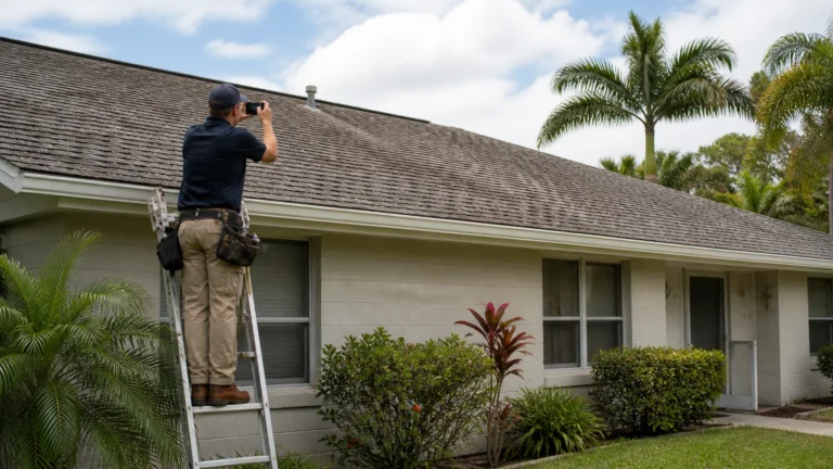 Inspector on a ladder checking the roof of a Florida home