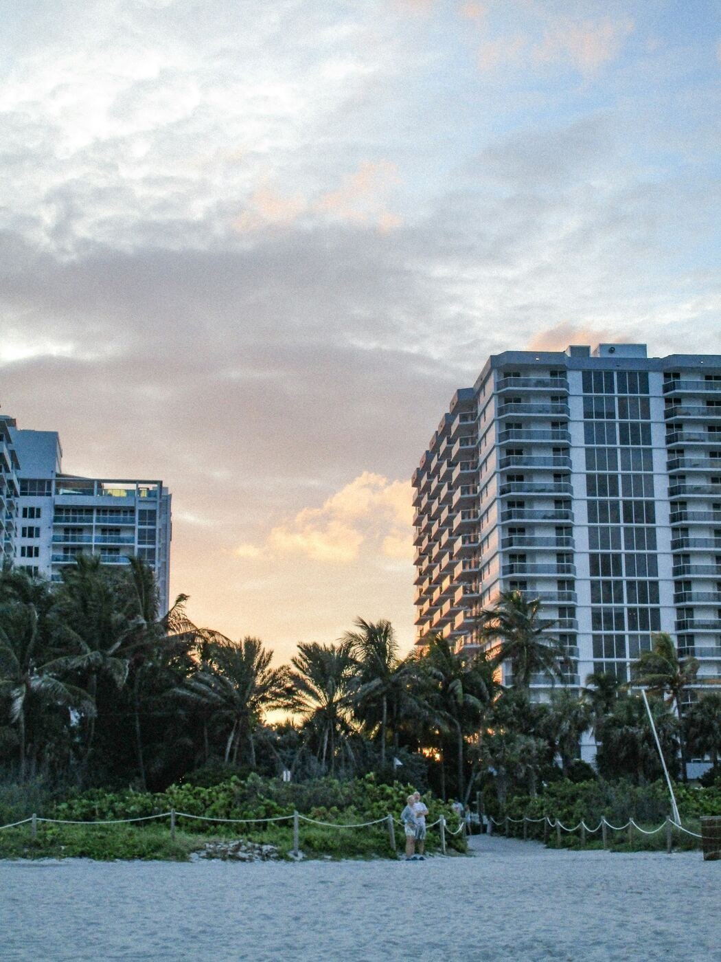 Florida beachfront buildings at sunset