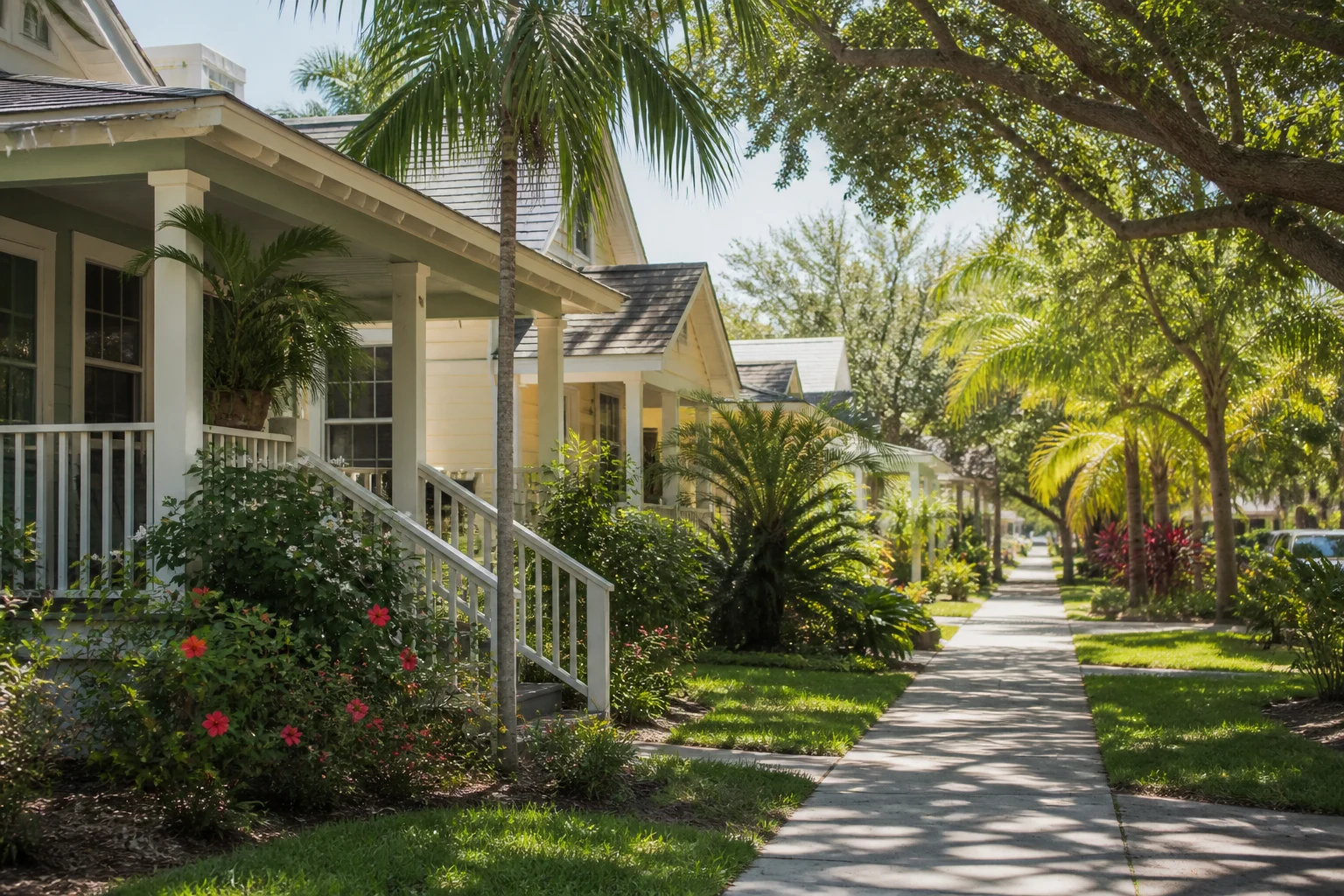 Welcoming modest Florida family home with palms and a shaded porch