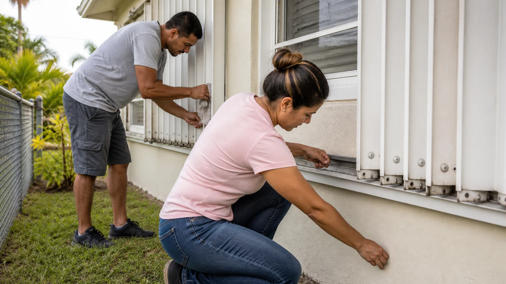 A couple safely checking a home's ground-level exterior after rain