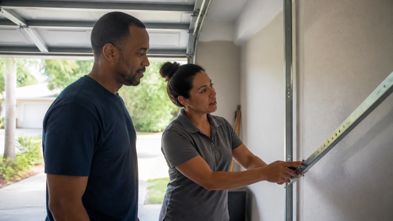 Homeowners and a contractor discussing exterior maintenance at ground level