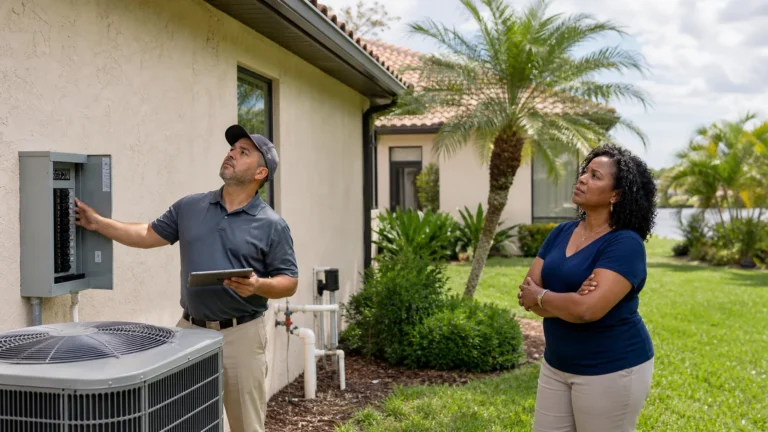 Inspector examining an electrical panel during a four-point inspection