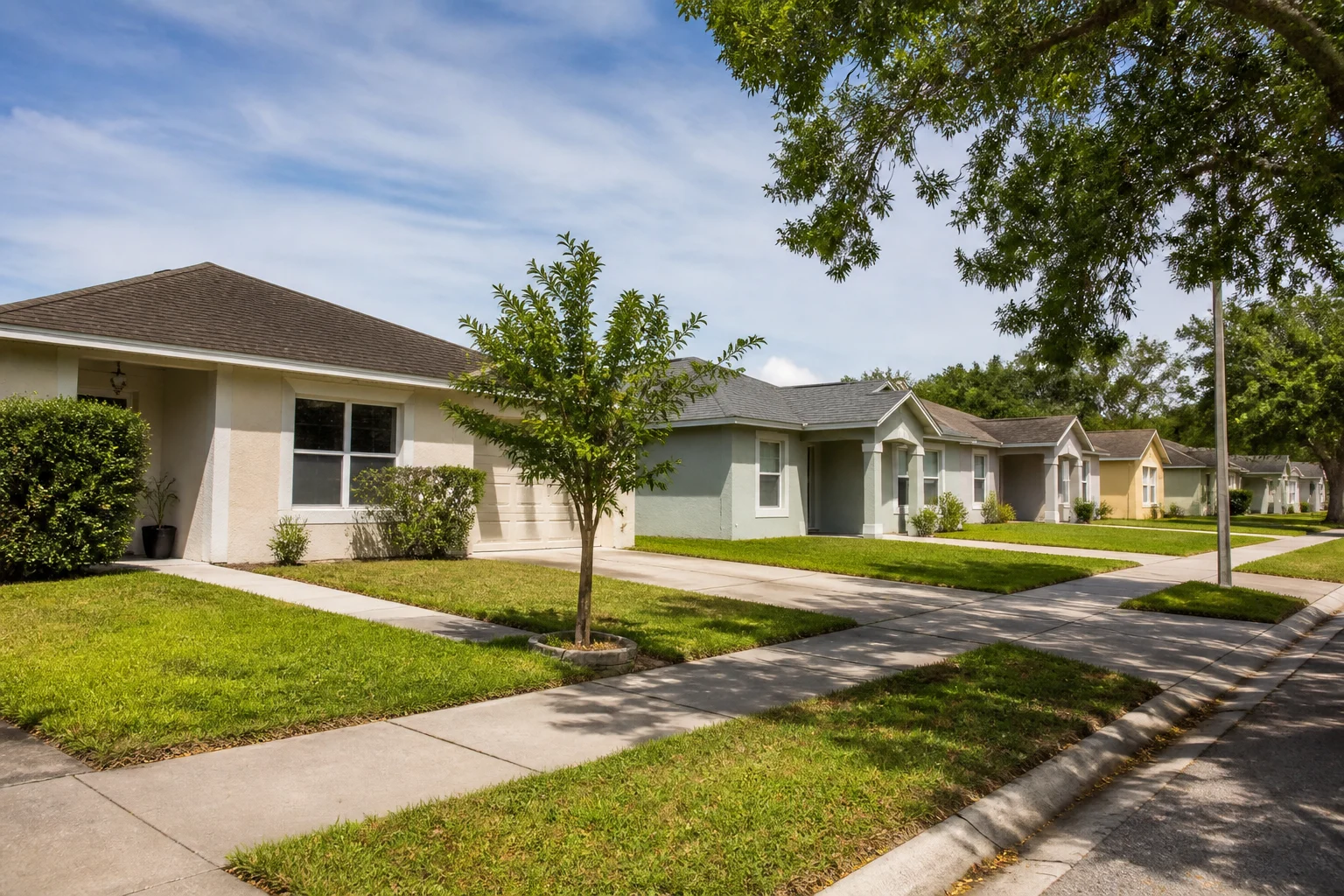 Everyday Florida homes with practical pitched roofs and mature landscaping