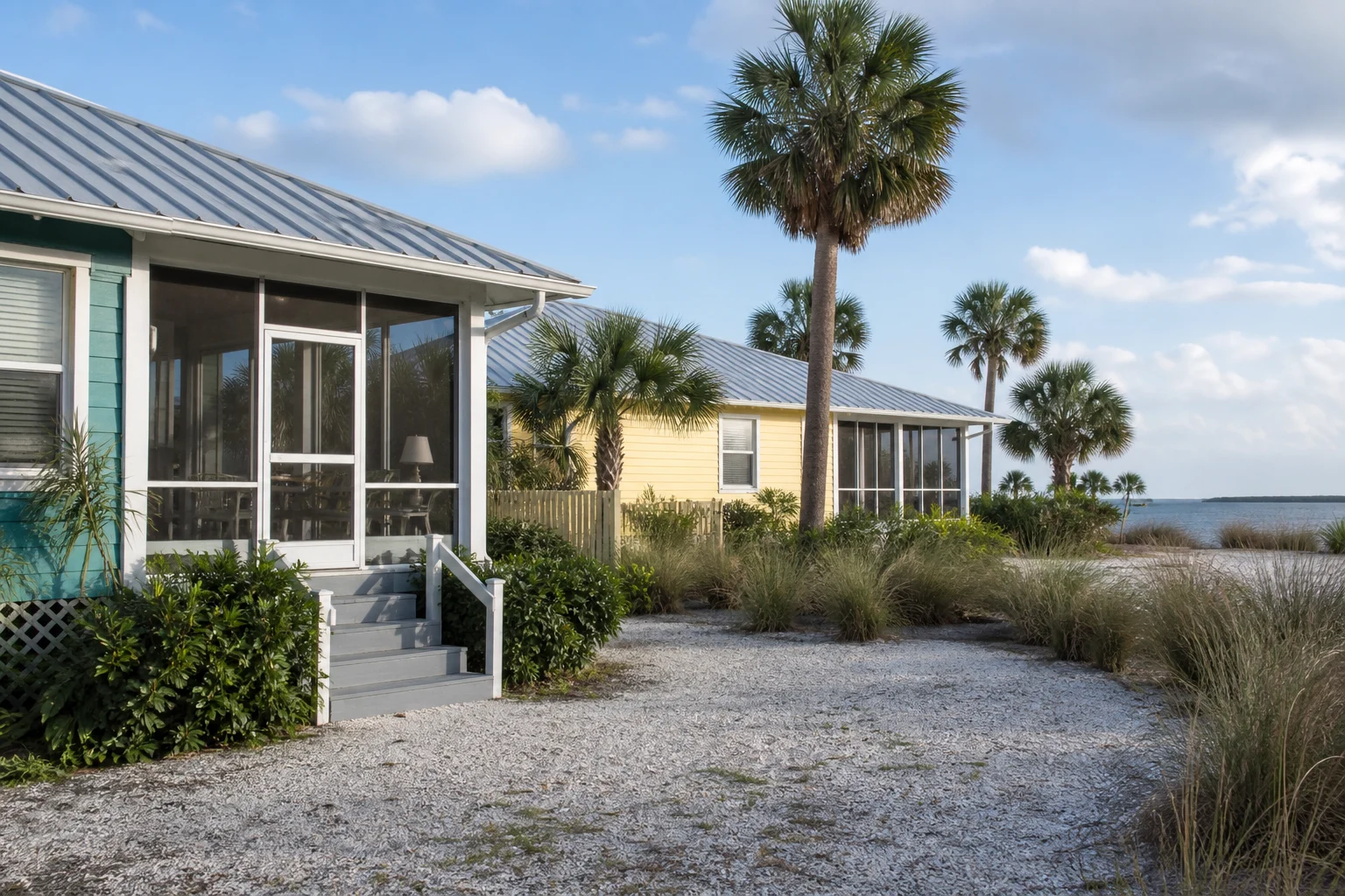 Everyday Florida homes with practical pitched roofs and mature landscaping