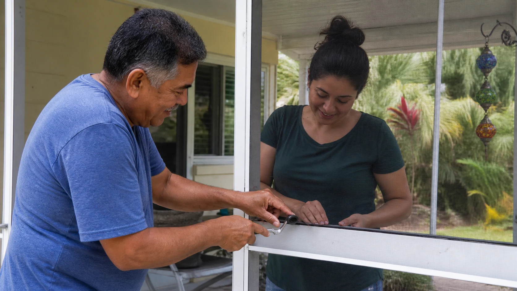 Florida homeowners safely clearing leaves near a ground-level drain