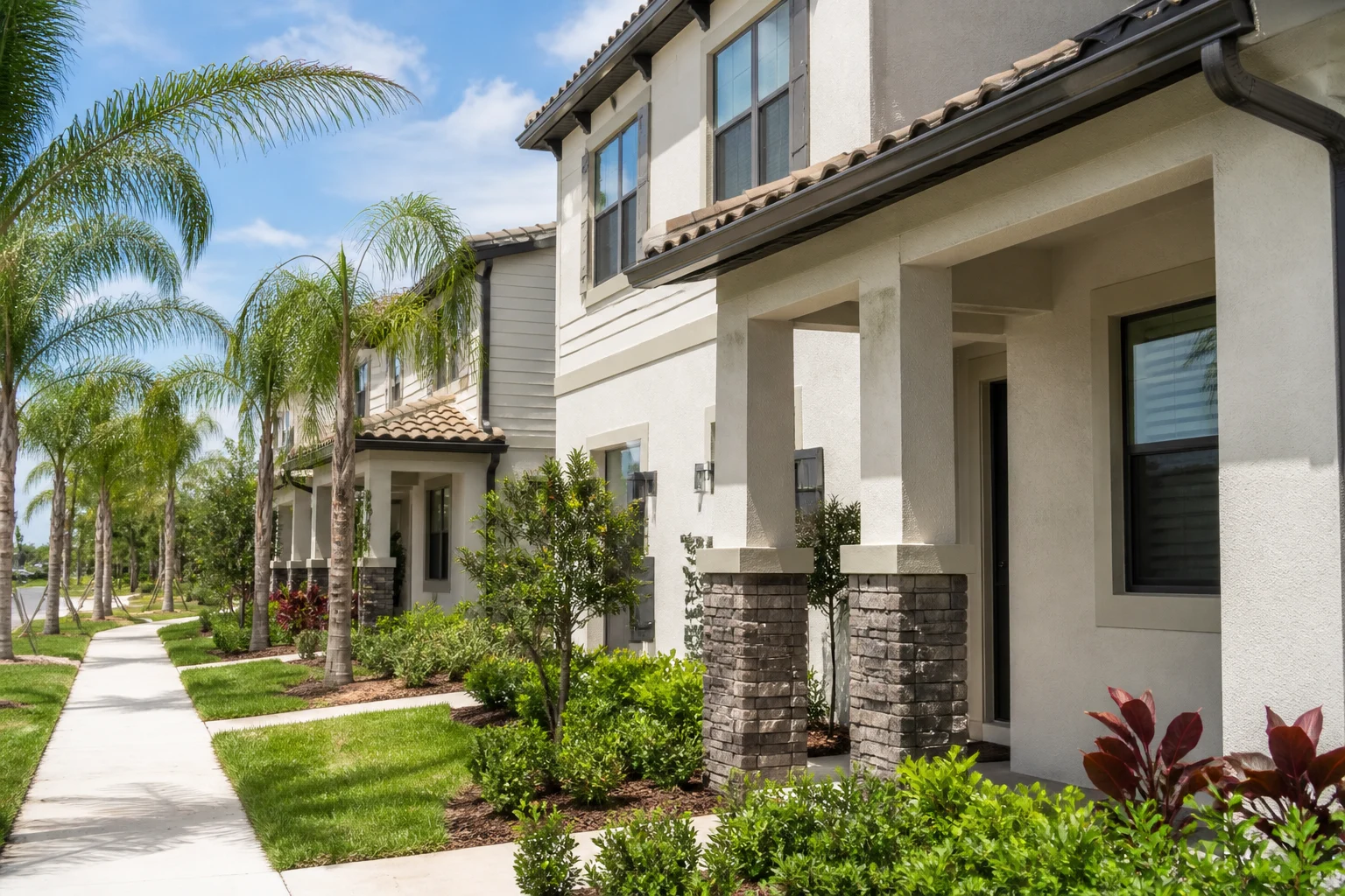 Everyday Florida homes with practical pitched roofs and mature landscaping