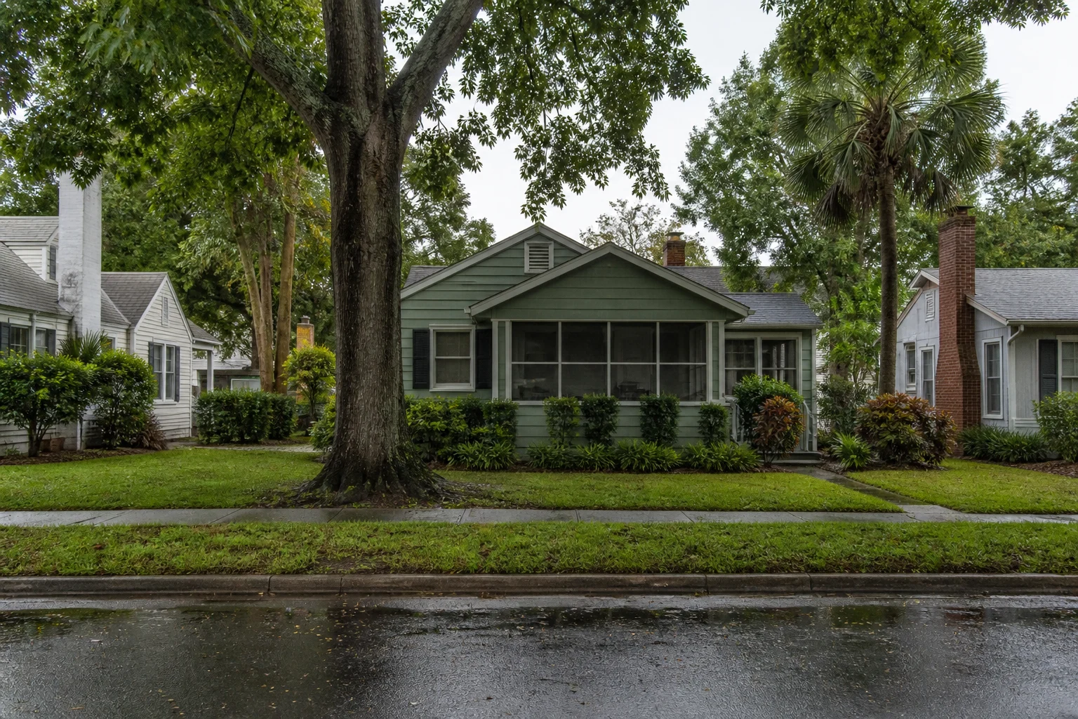 Everyday Florida homes with practical pitched roofs and mature landscaping
