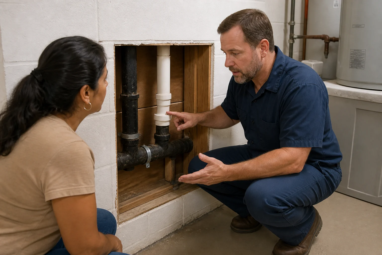 Plumber and homeowner inspecting accessible plumbing inside a Florida home.