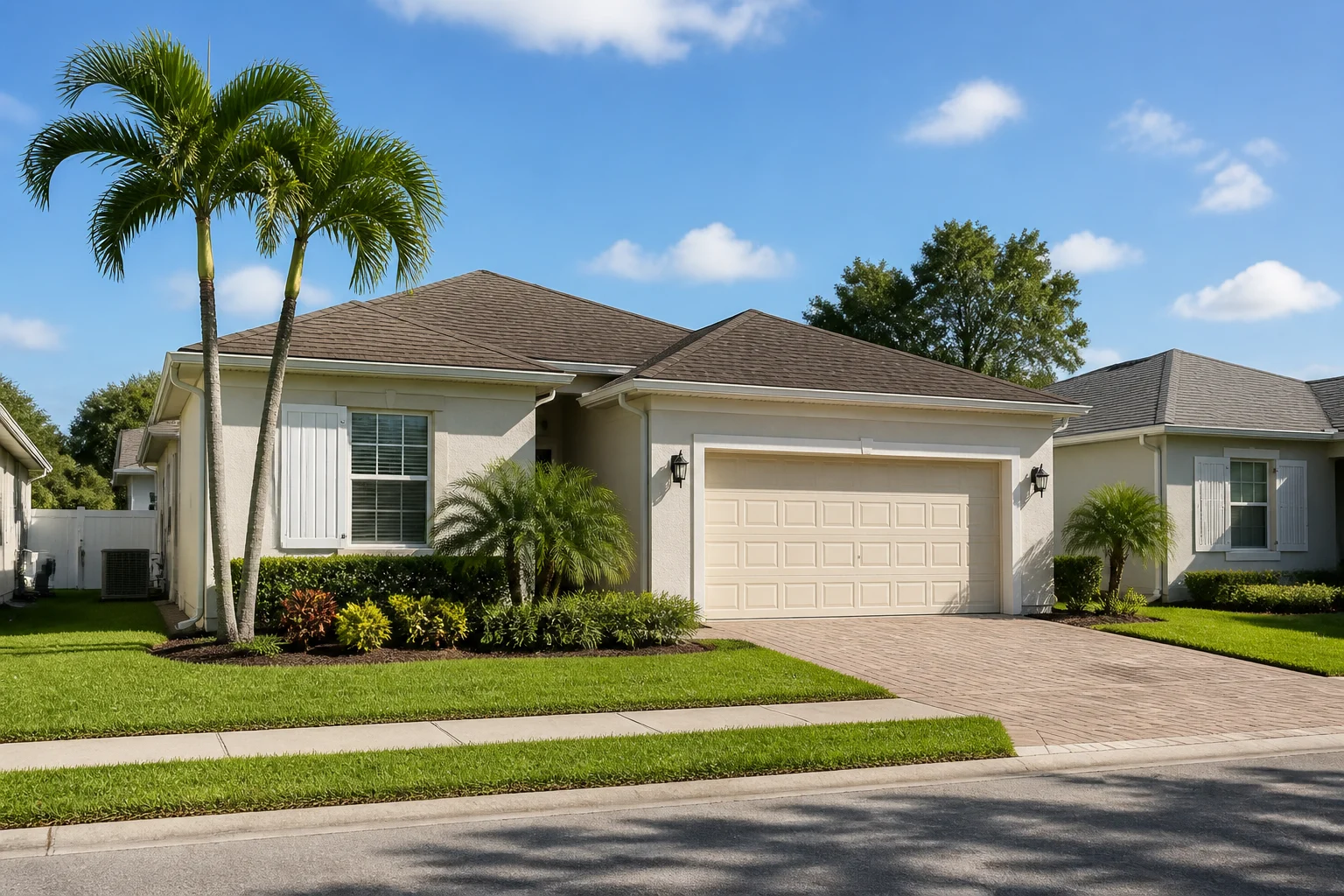 Everyday Florida homes with practical pitched roofs and mature landscaping
