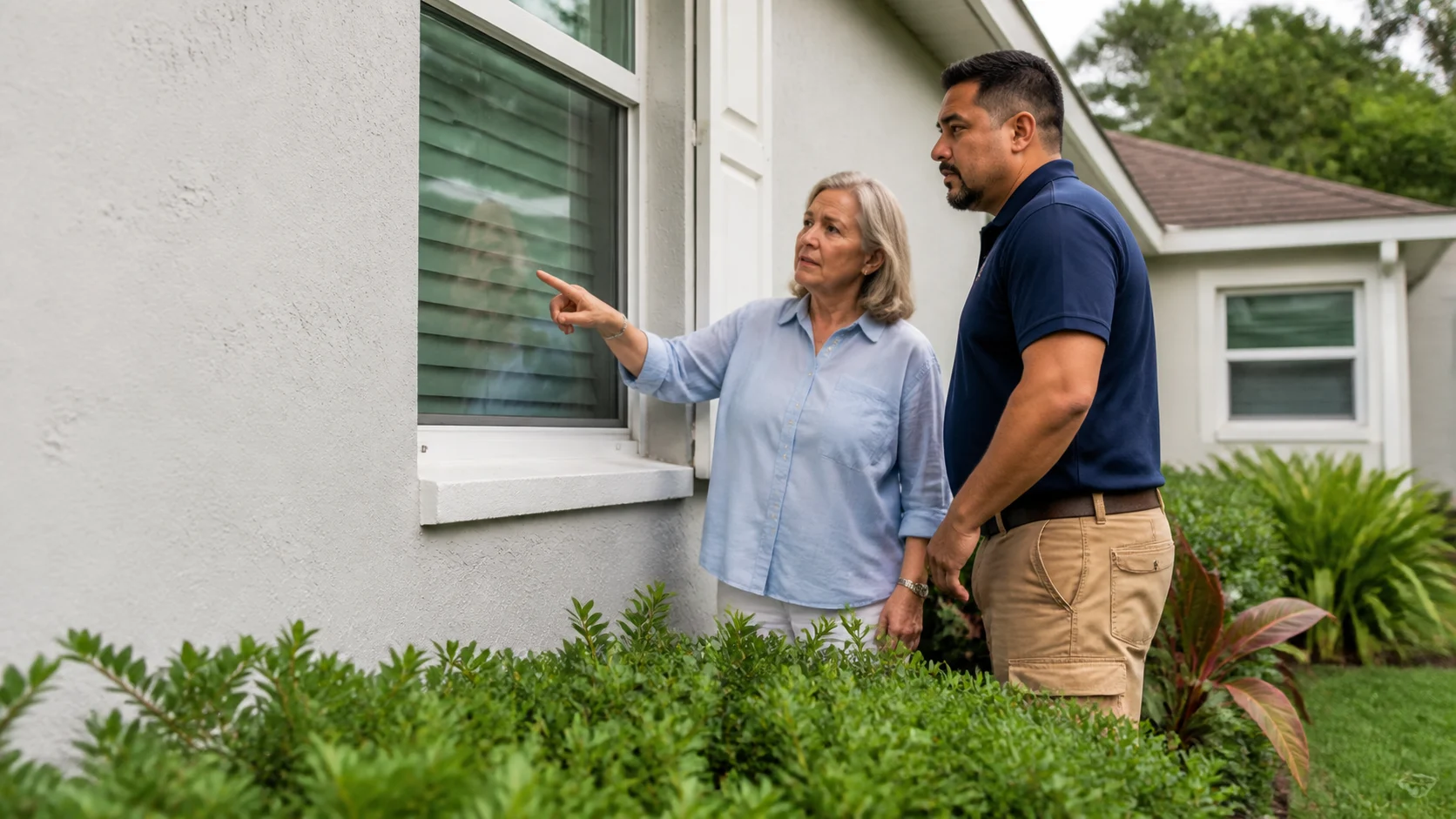 Older homeowner and maintenance professional inspecting a closed window frame