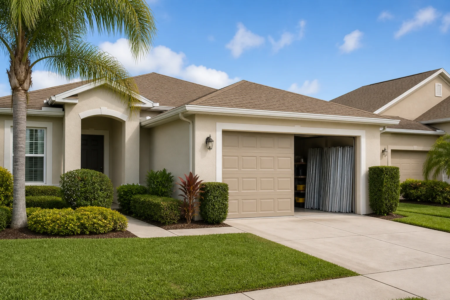 Everyday Florida homes with practical pitched roofs and mature landscaping