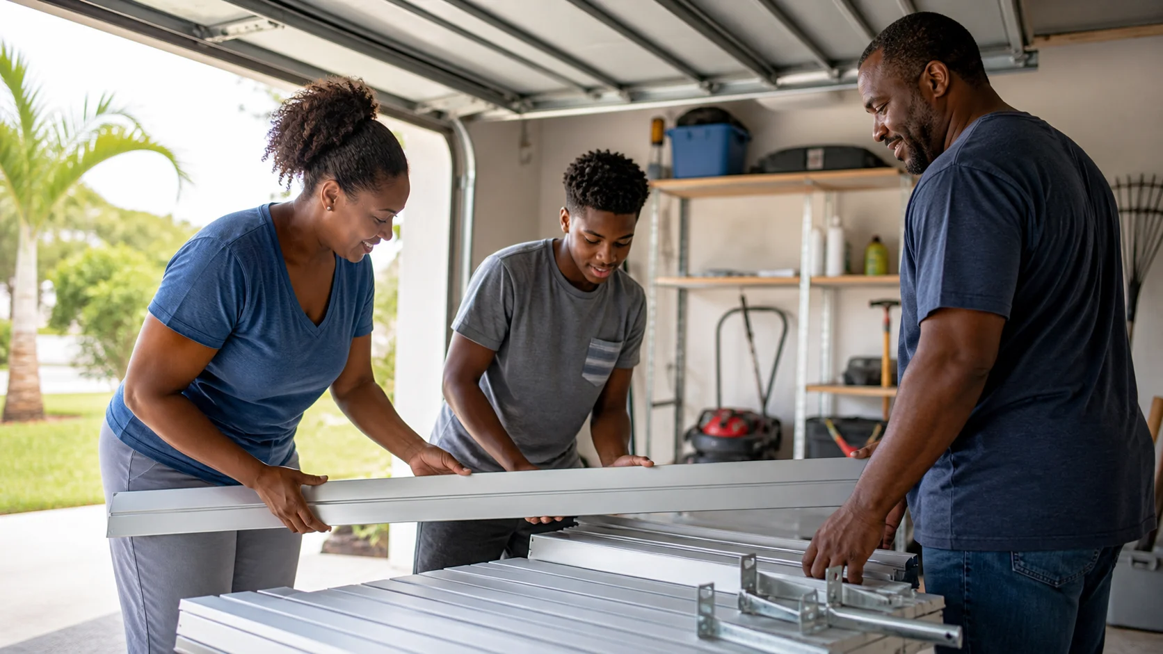 Black Florida family safely organizing storm-shutter panels in a garage