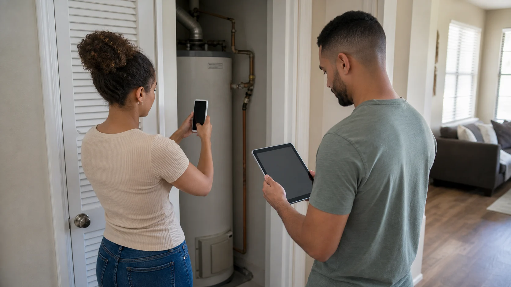 Young mixed-race couple documenting a household water heater for a home inventory
