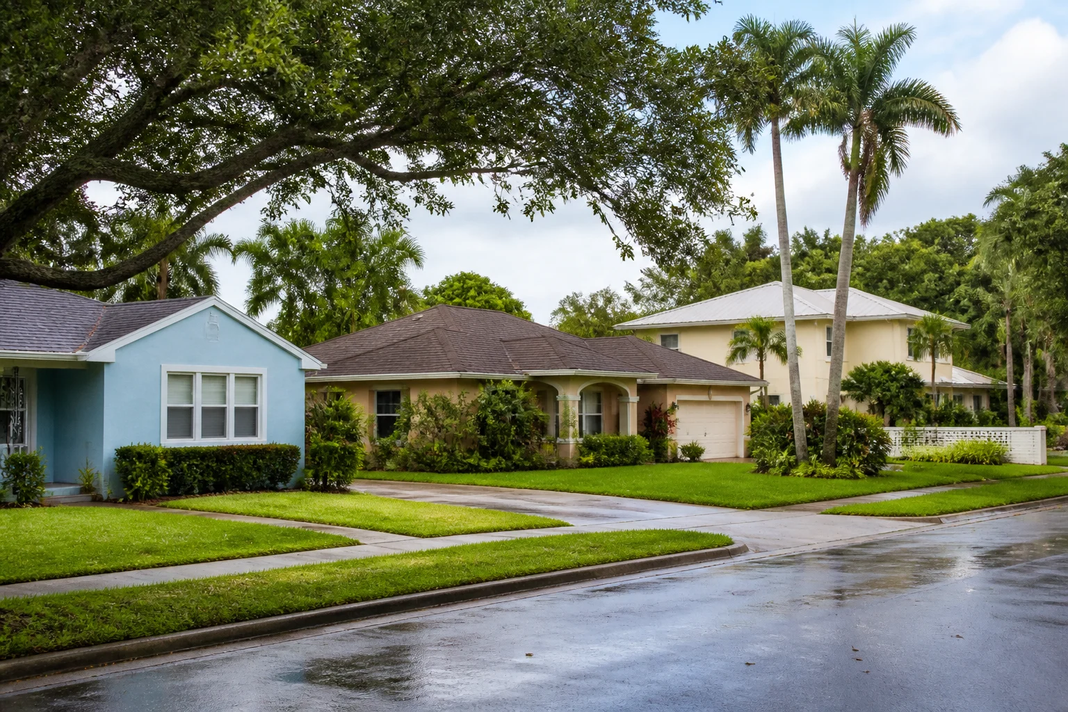 Everyday Florida homes with practical pitched roofs and mature landscaping
