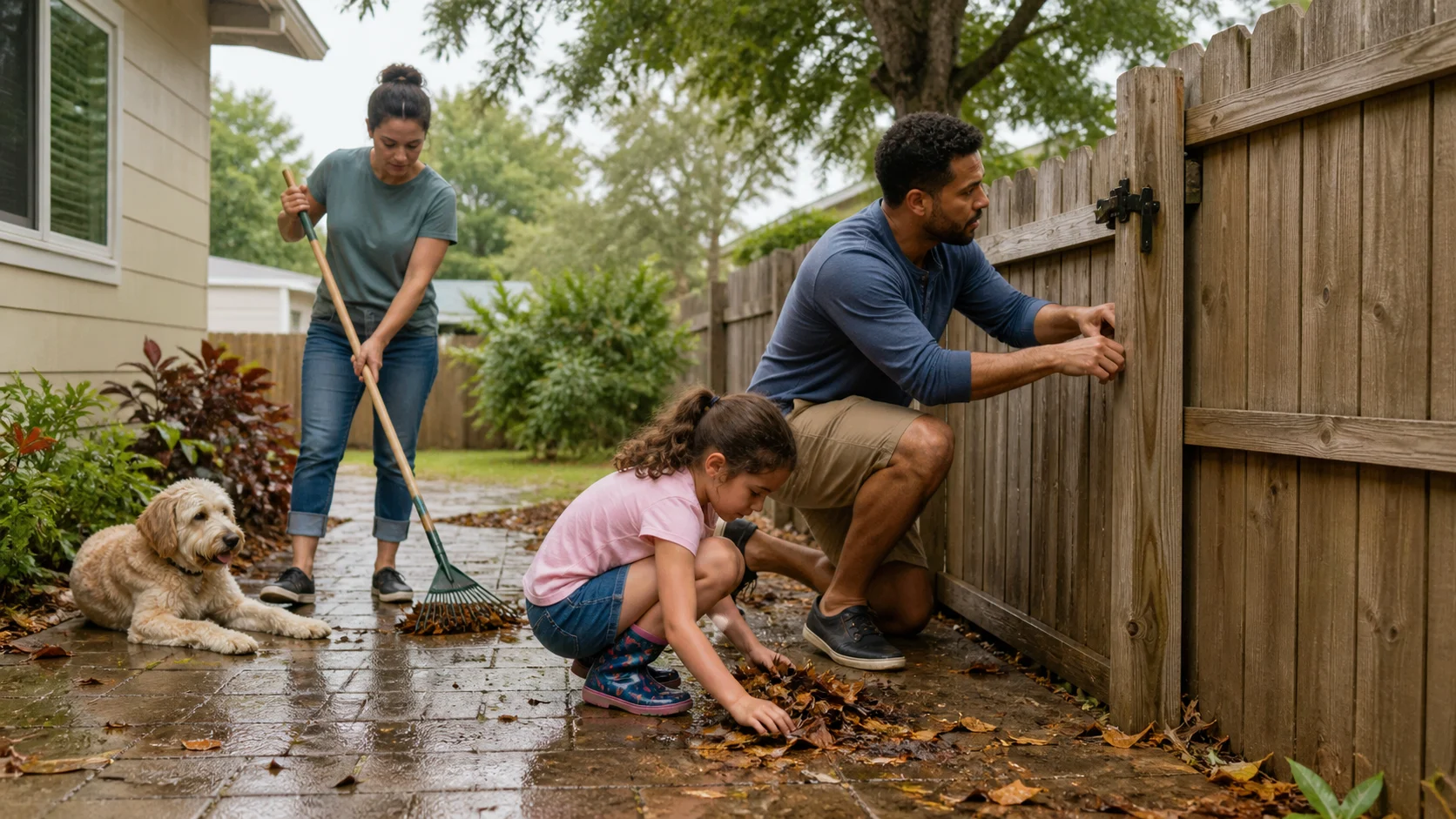 Multiracial family checking a backyard gate and clearing wet leaves after rain