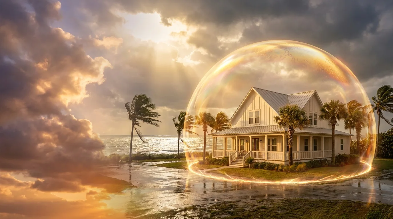 Glowing protective shield surrounding a Florida home during a storm